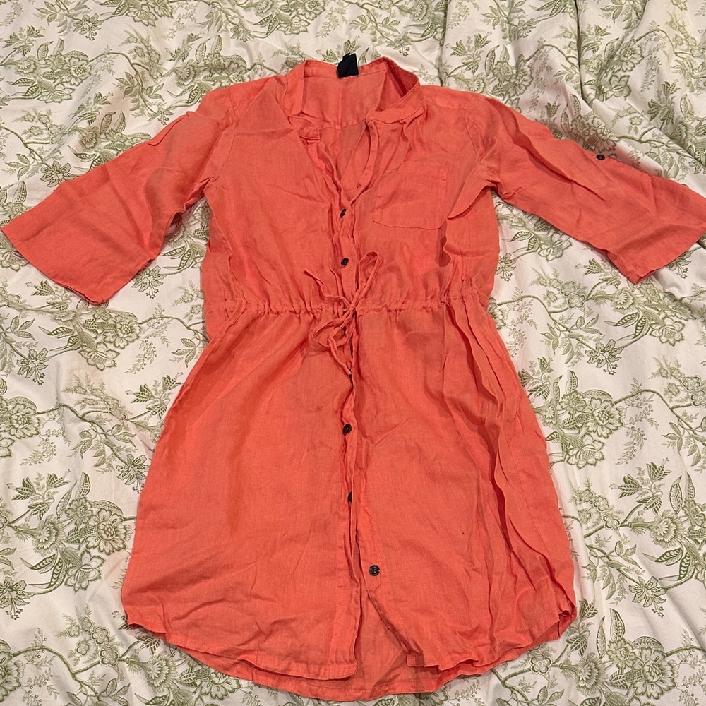 Blue Saks Fifth Avenue Coral Linen Button-Up Dress